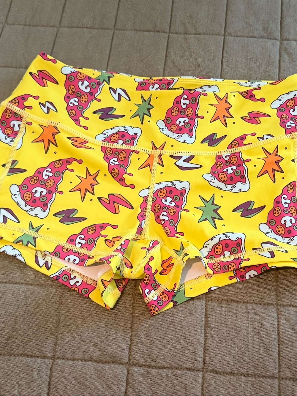 Feed Me Fight Me Yellow Pizza-Print Athletic Shorts